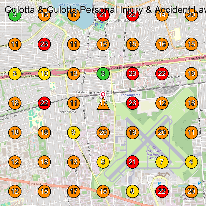 Gulotta & Gulotta Personal Injury & Accident Lawyers Personal Injury Attorney GeoGrid ranking map for Ronkonkoma NY